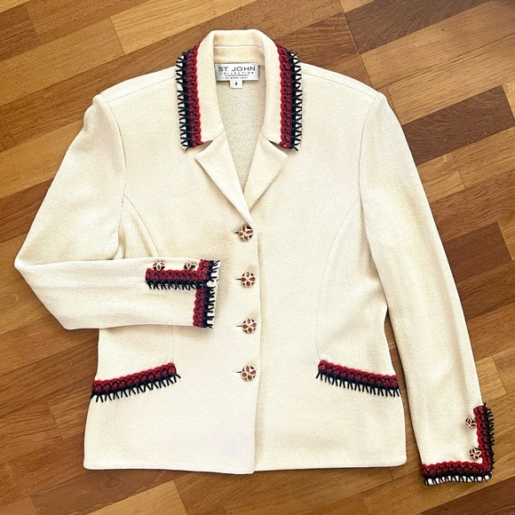 St. John Collection Jackets & Blazers - ST JOHN COLLECTION Fringe Jacket Coat SIZE 8 Ivory Red Cardigan Santana Knits
